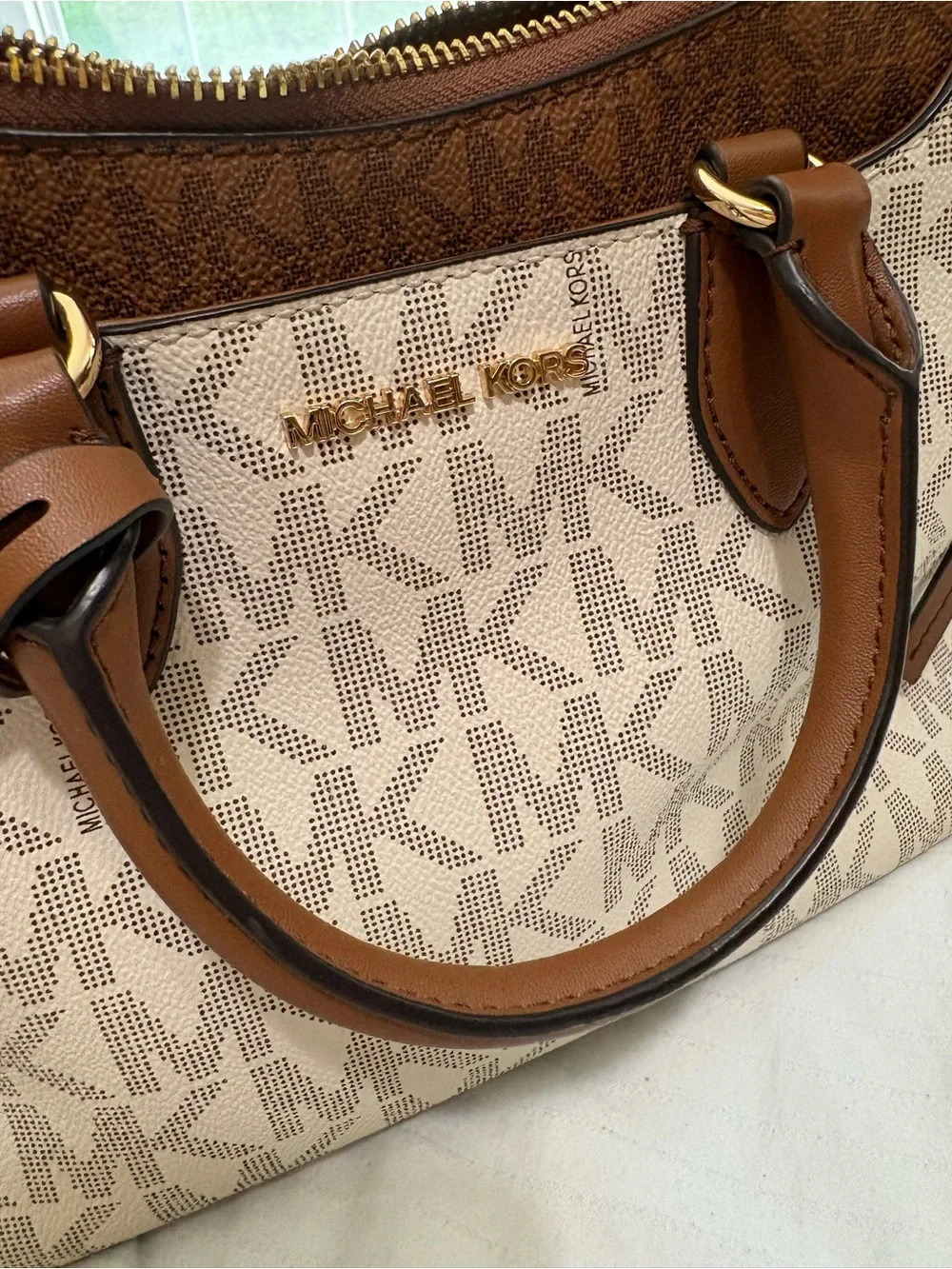 Michael Kors Beige Logo Satchel with Brown Trim and Gold Hardware